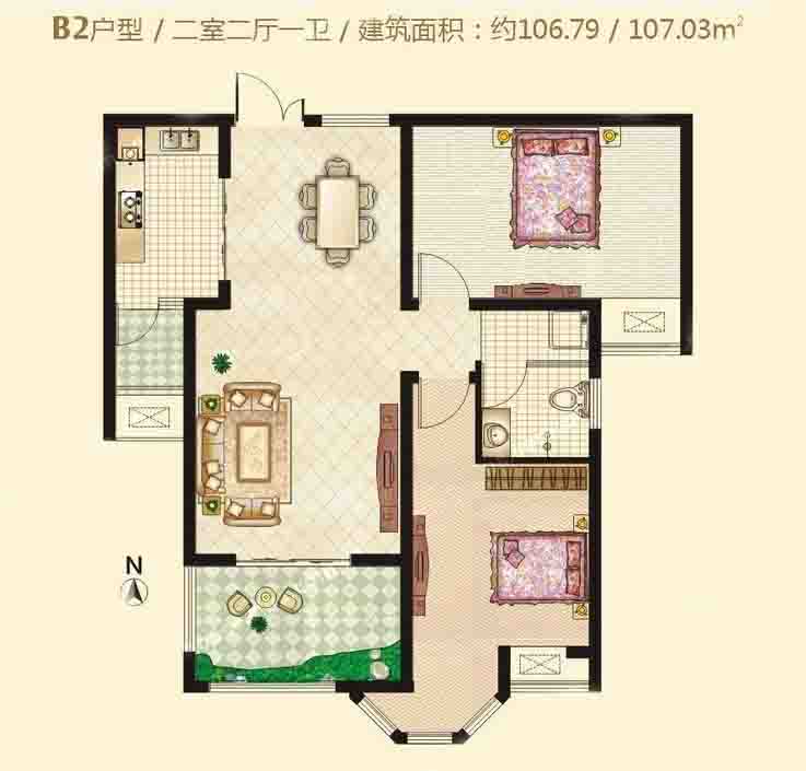 B2戶(hù)型 2室2衛(wèi) 107㎡